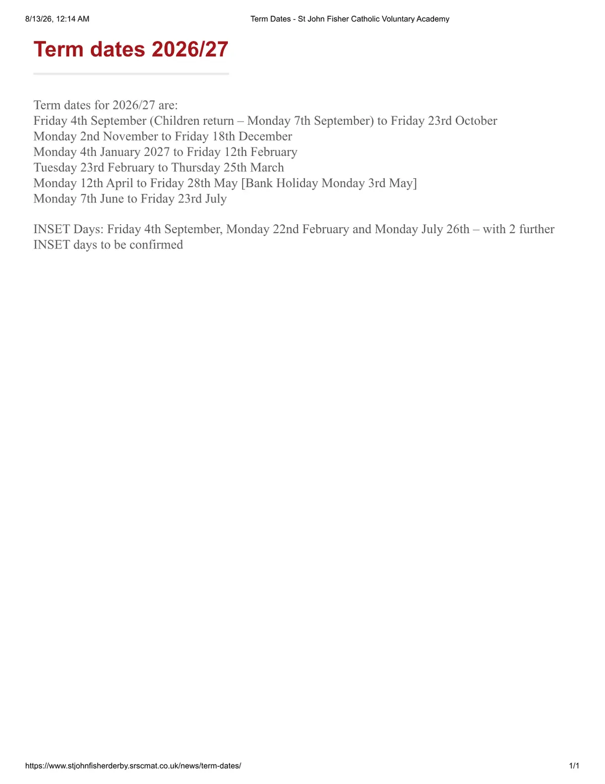St John Fisher Catholic Voluntary Academy term dates