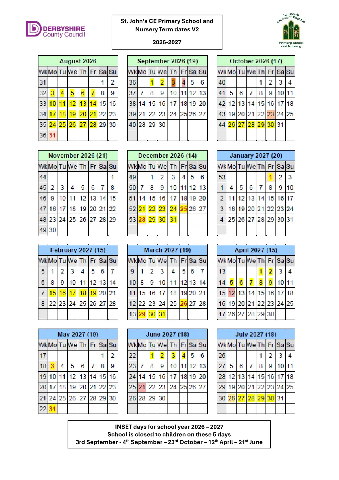 St John's CofE Primary School and Nursery term dates