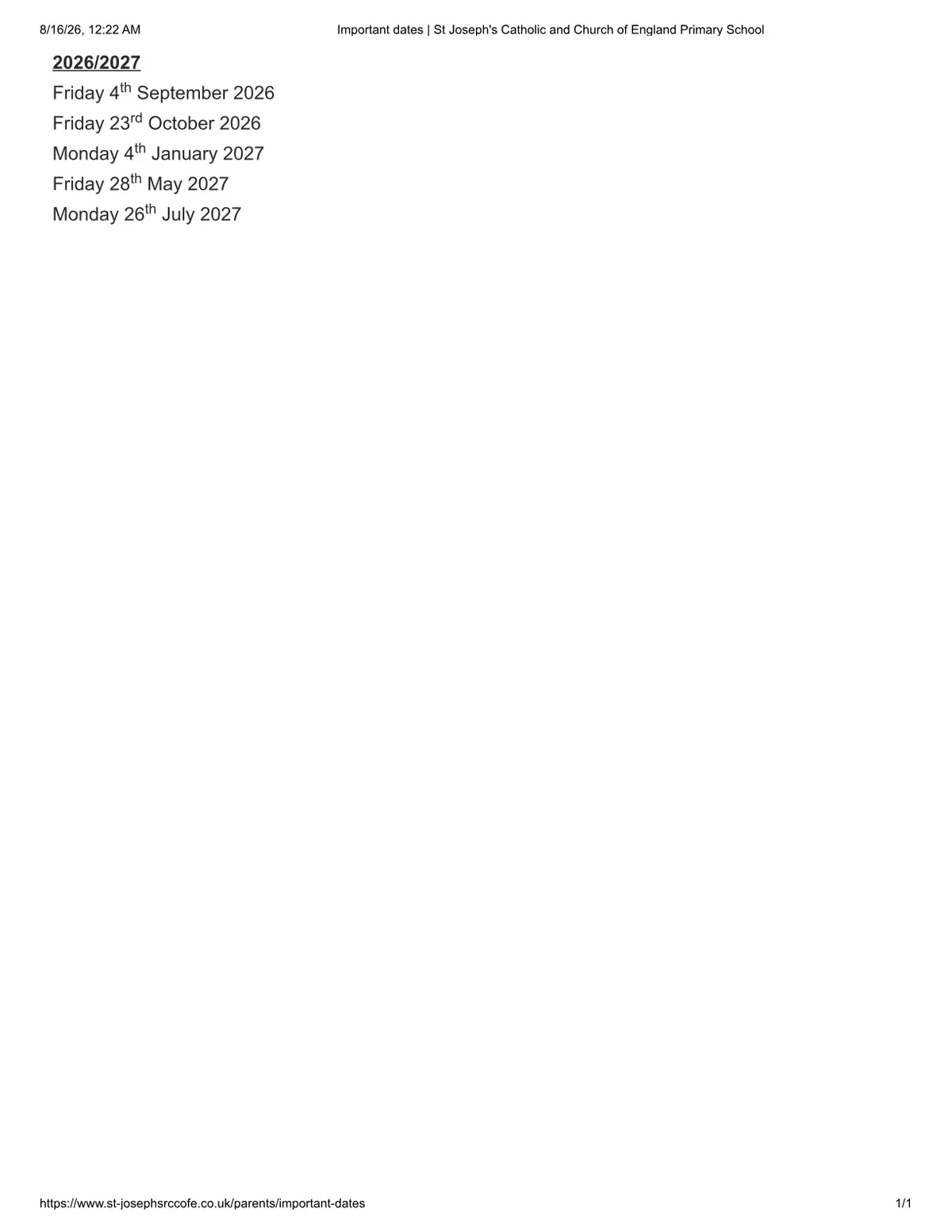 St Joseph's Catholic and CofE (VA) Primary School original calendar 2026–2027