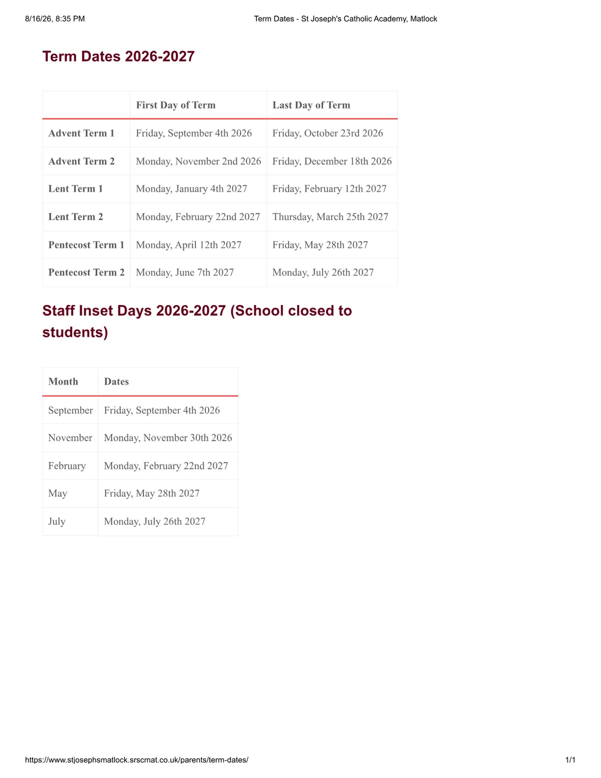 St Joseph's Catholic Voluntary Academy original calendar 2026–2027