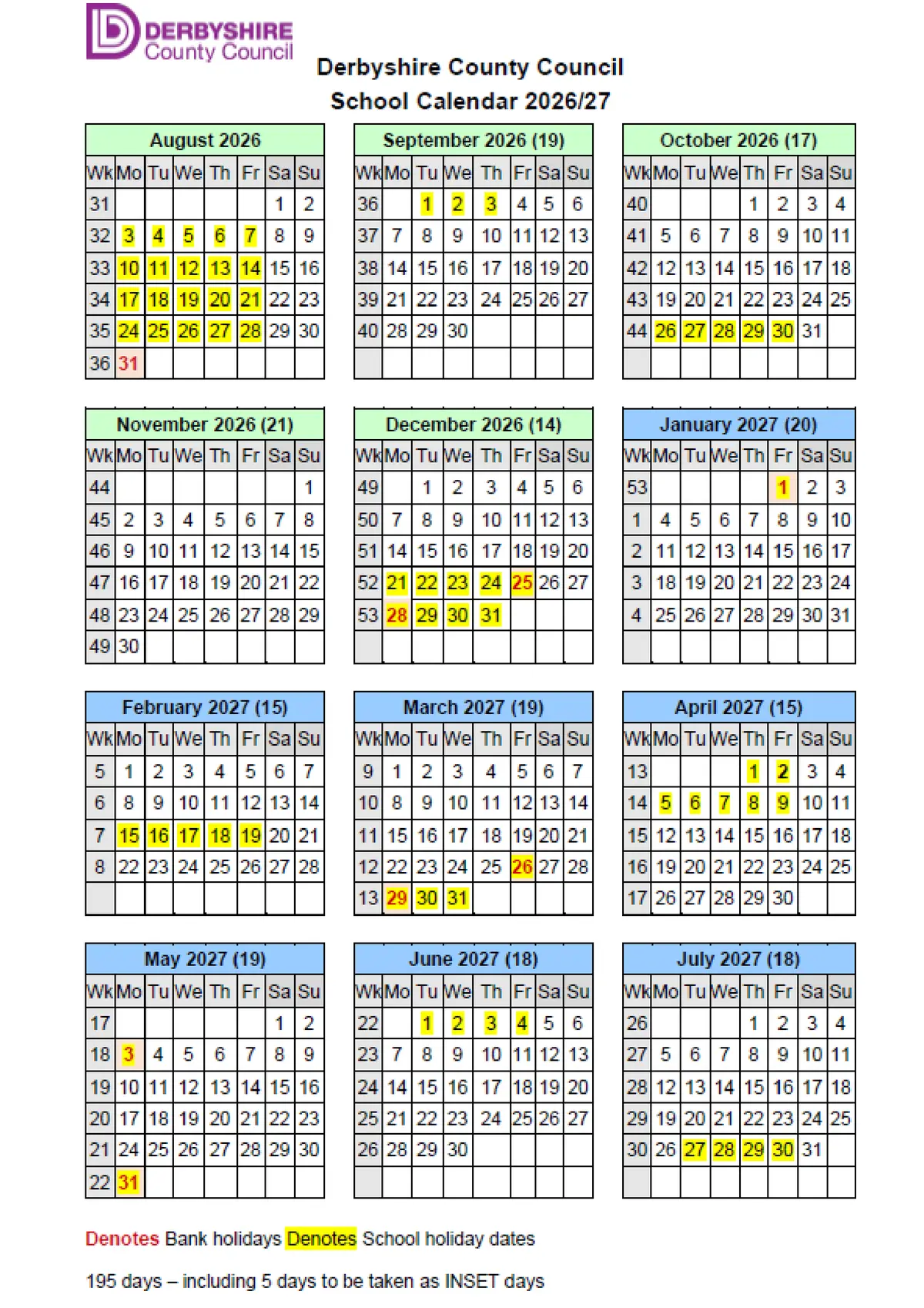 St Laurence CofE Primary School original calendar 2026–2027