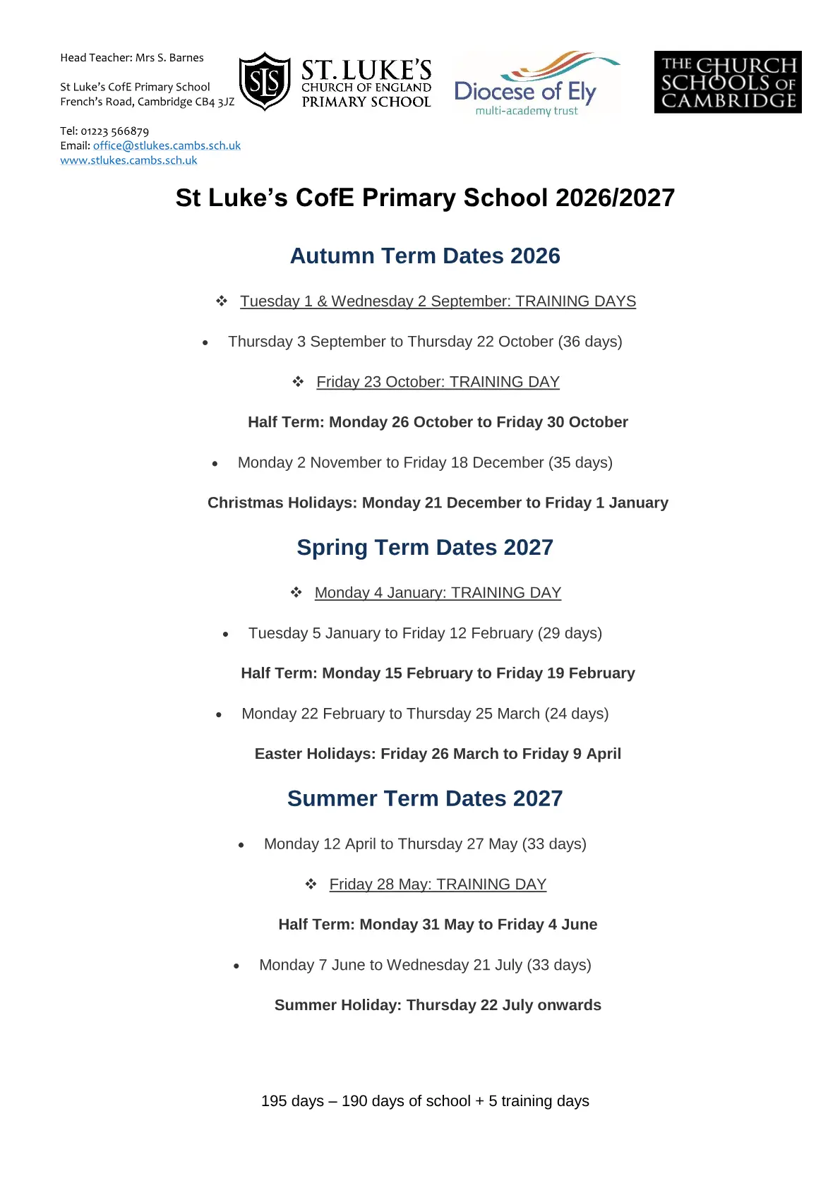 St Luke's CofE Primary School original calendar 2026–2027