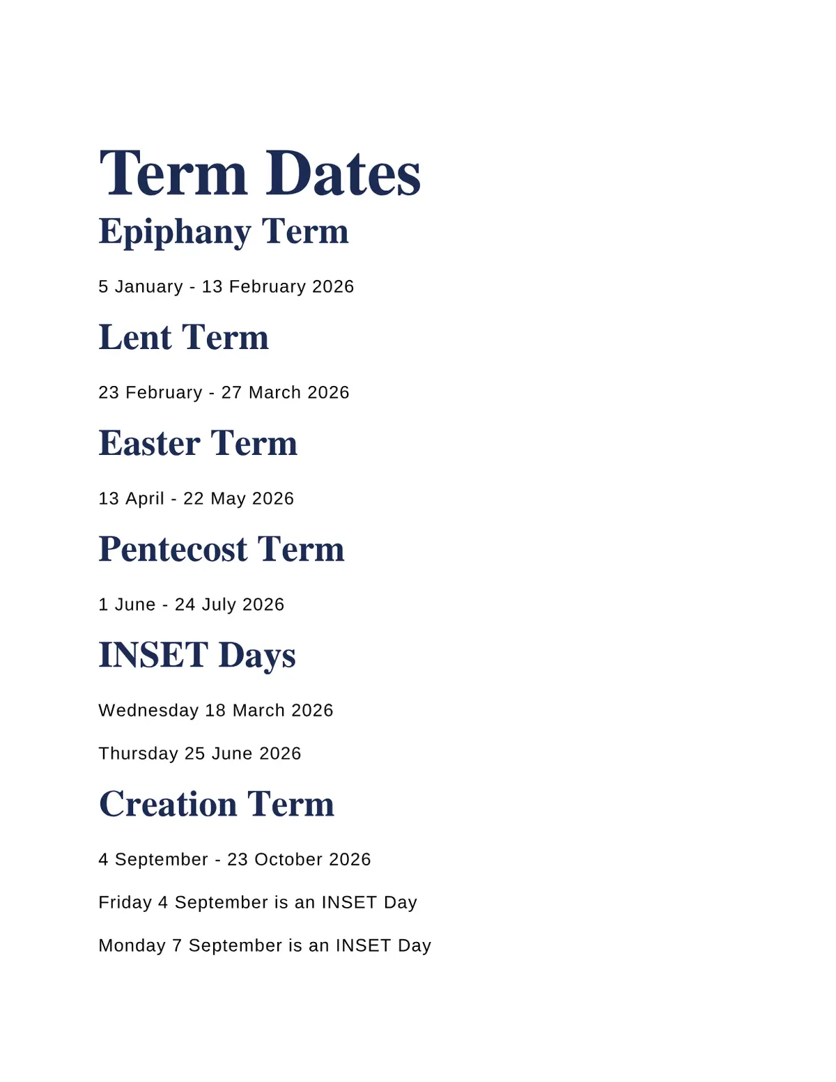 St Mary's Catholic High School, A Catholic Voluntary Academy term dates