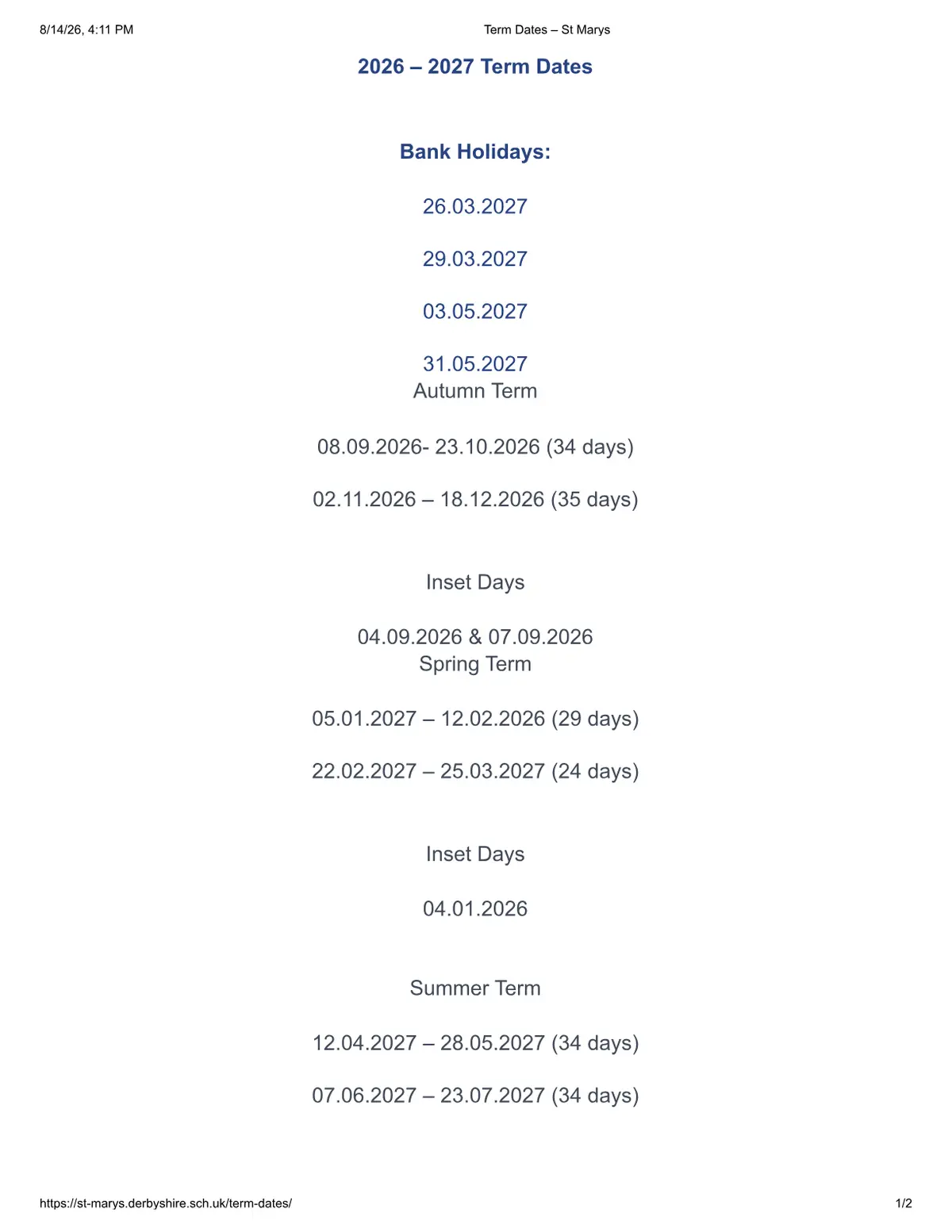 St Mary's Catholic Primary term dates
