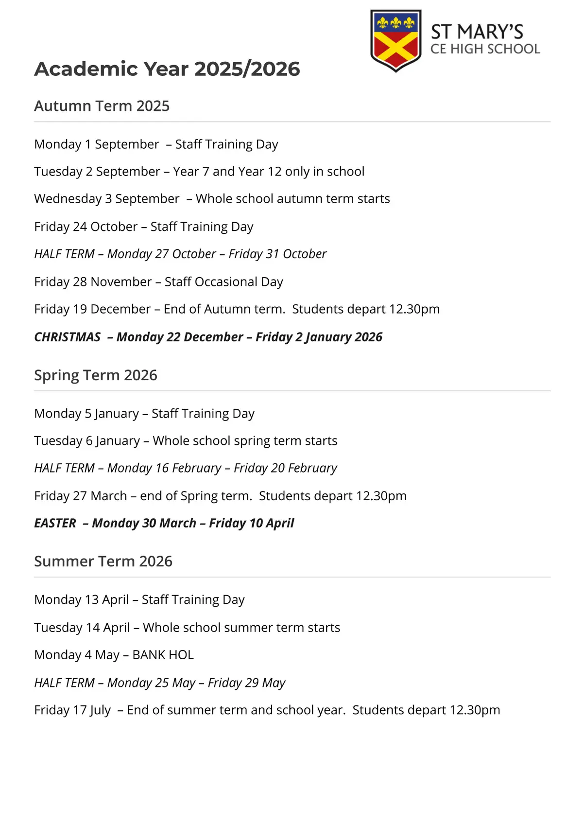 St Mary's Church of England High School (VA) term dates