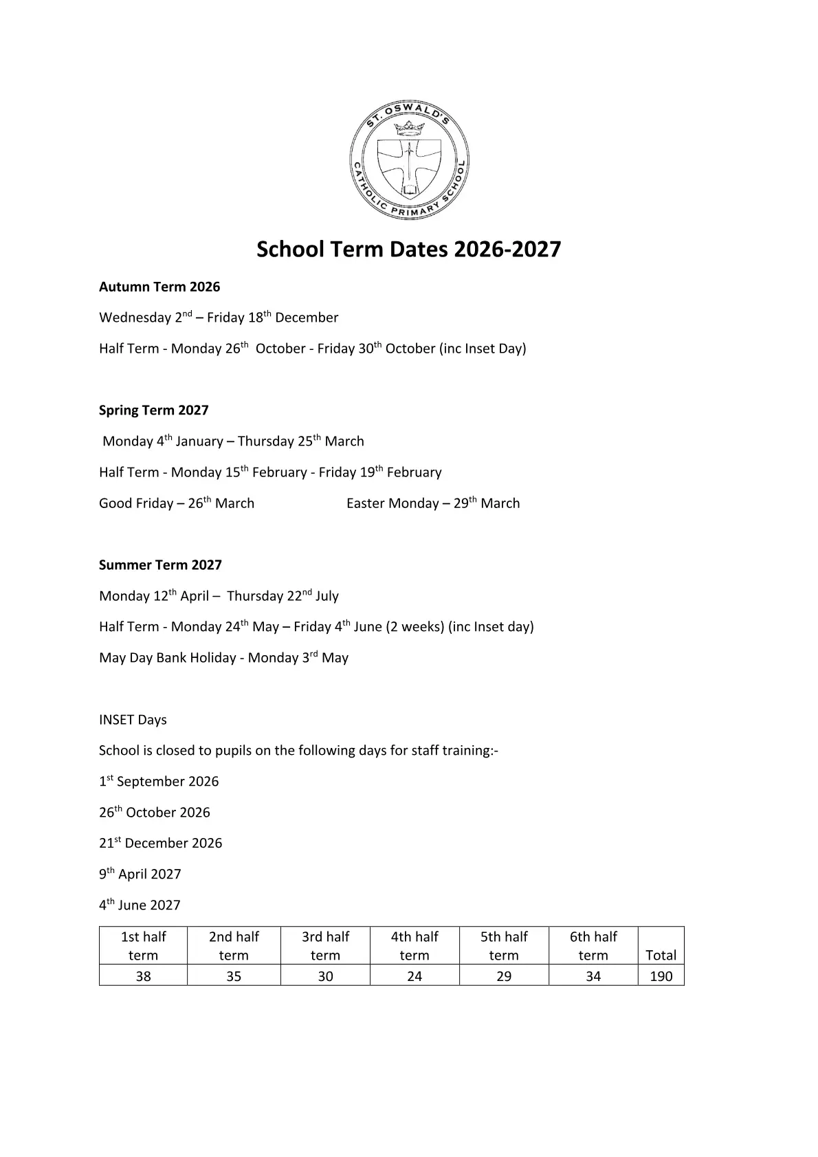St Oswald's CofE Primary School original calendar 2026–2027