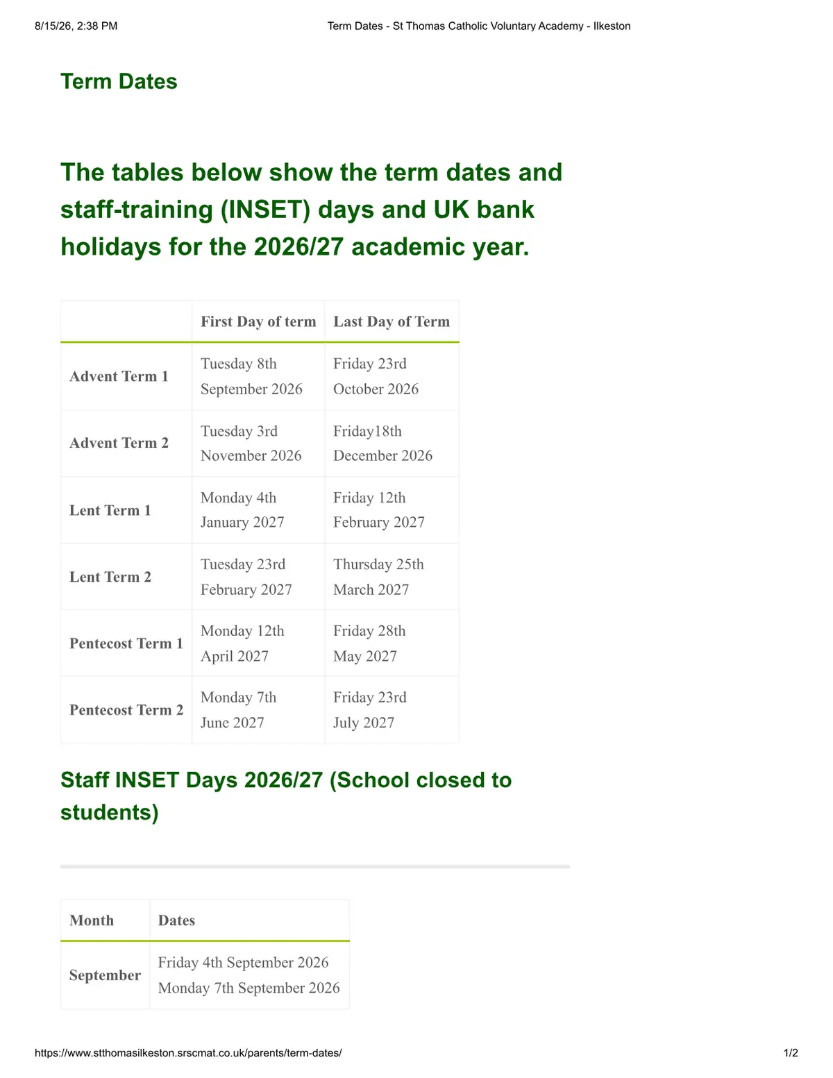 St Thomas Catholic Voluntary Academy original calendar 2026–2027