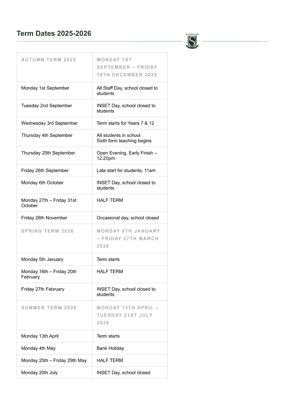 Stanborough School term dates