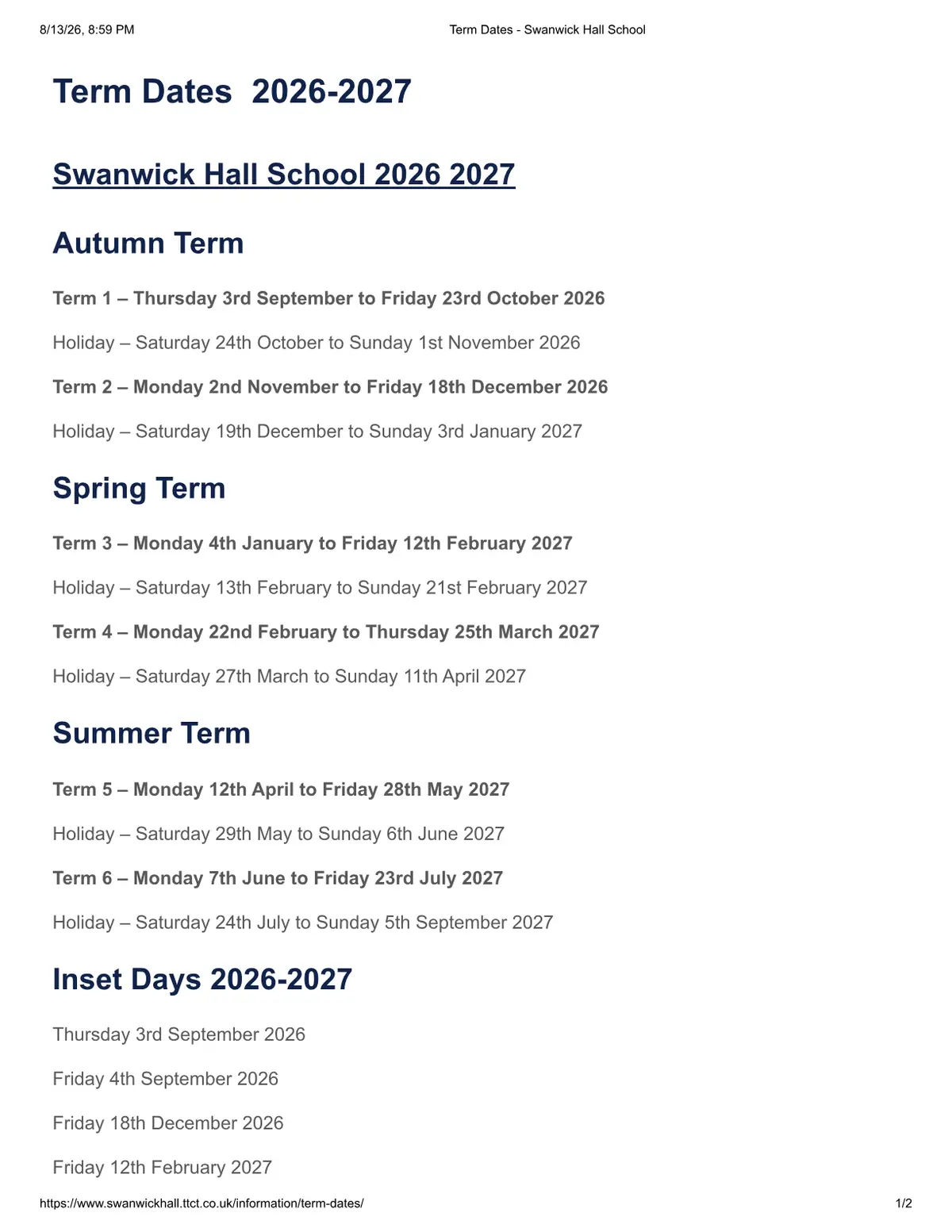 Swanwick Hall School term dates