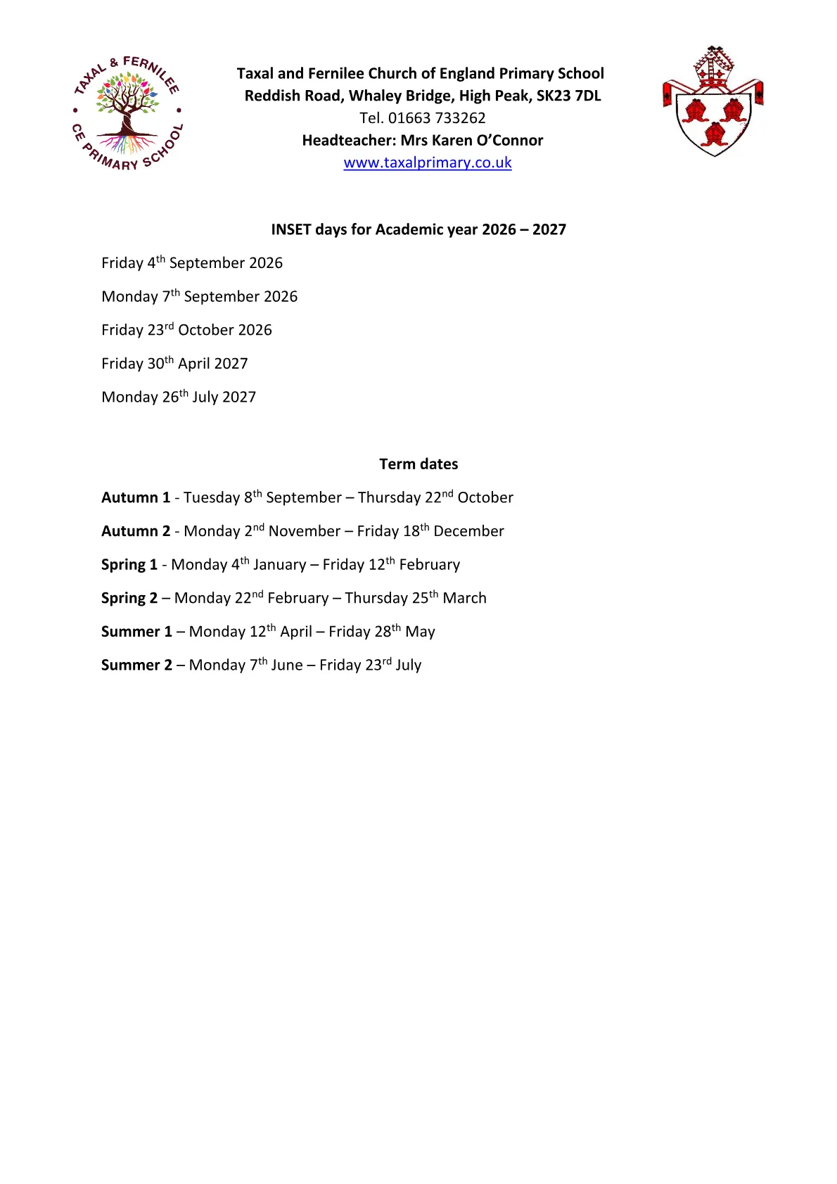 Taxal and Fernilee CofE Primary School original calendar 2026–2027