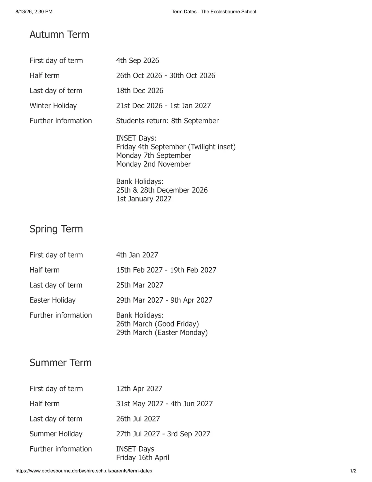 The Ecclesbourne School term dates