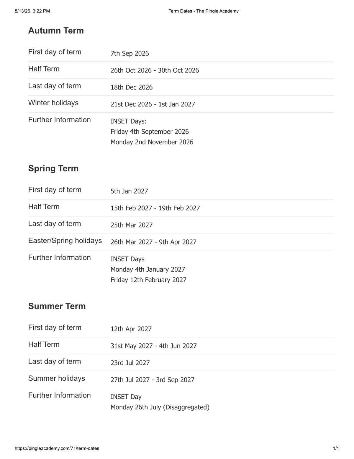 The Pingle Academy term dates