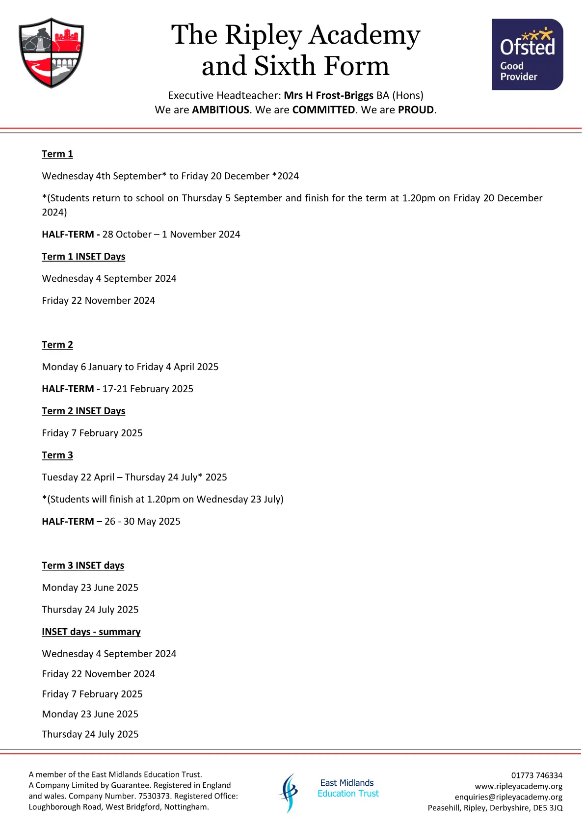 The Ripley Academy term dates