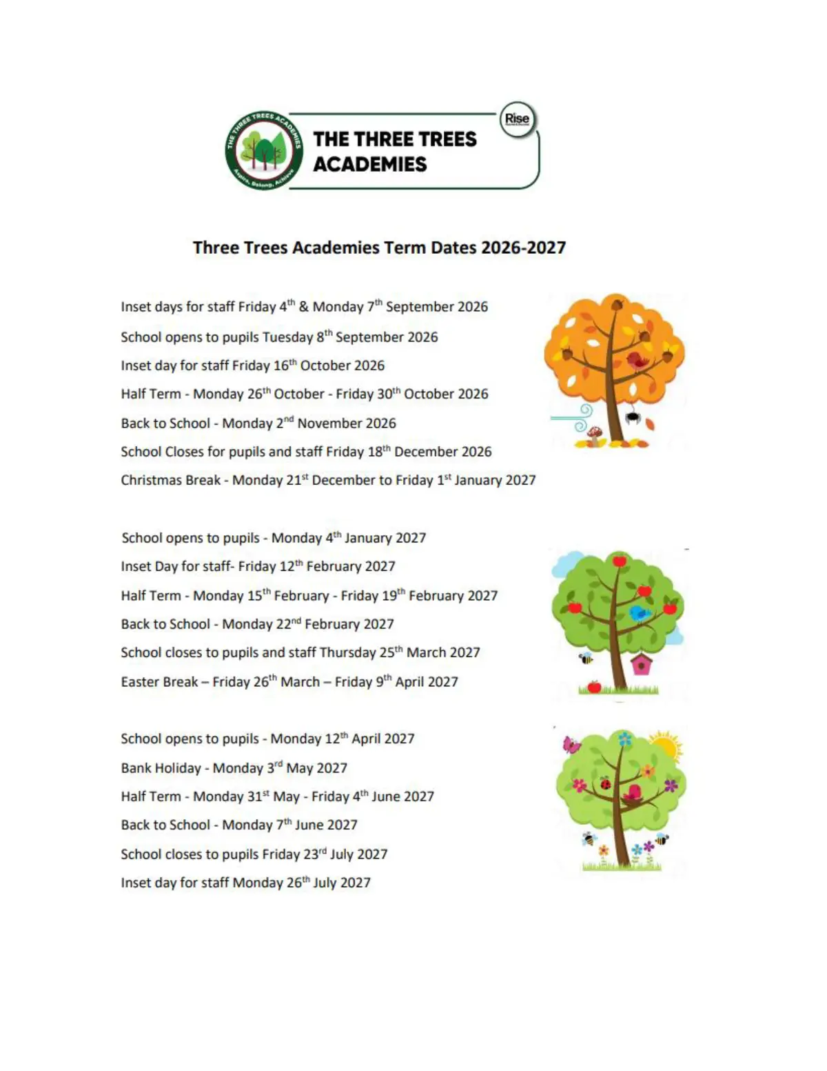 Three Trees Infant Academy original calendar 2026–2027