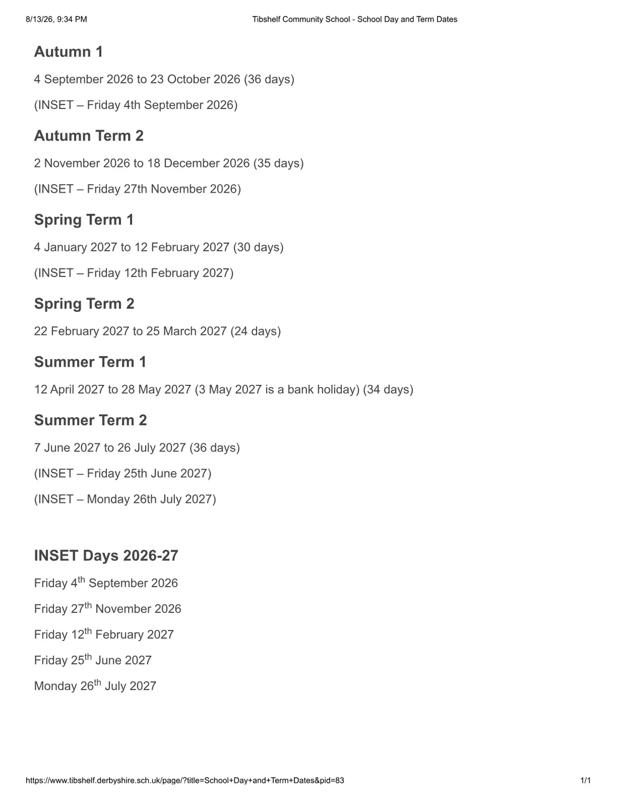 Tibshelf Community School term dates