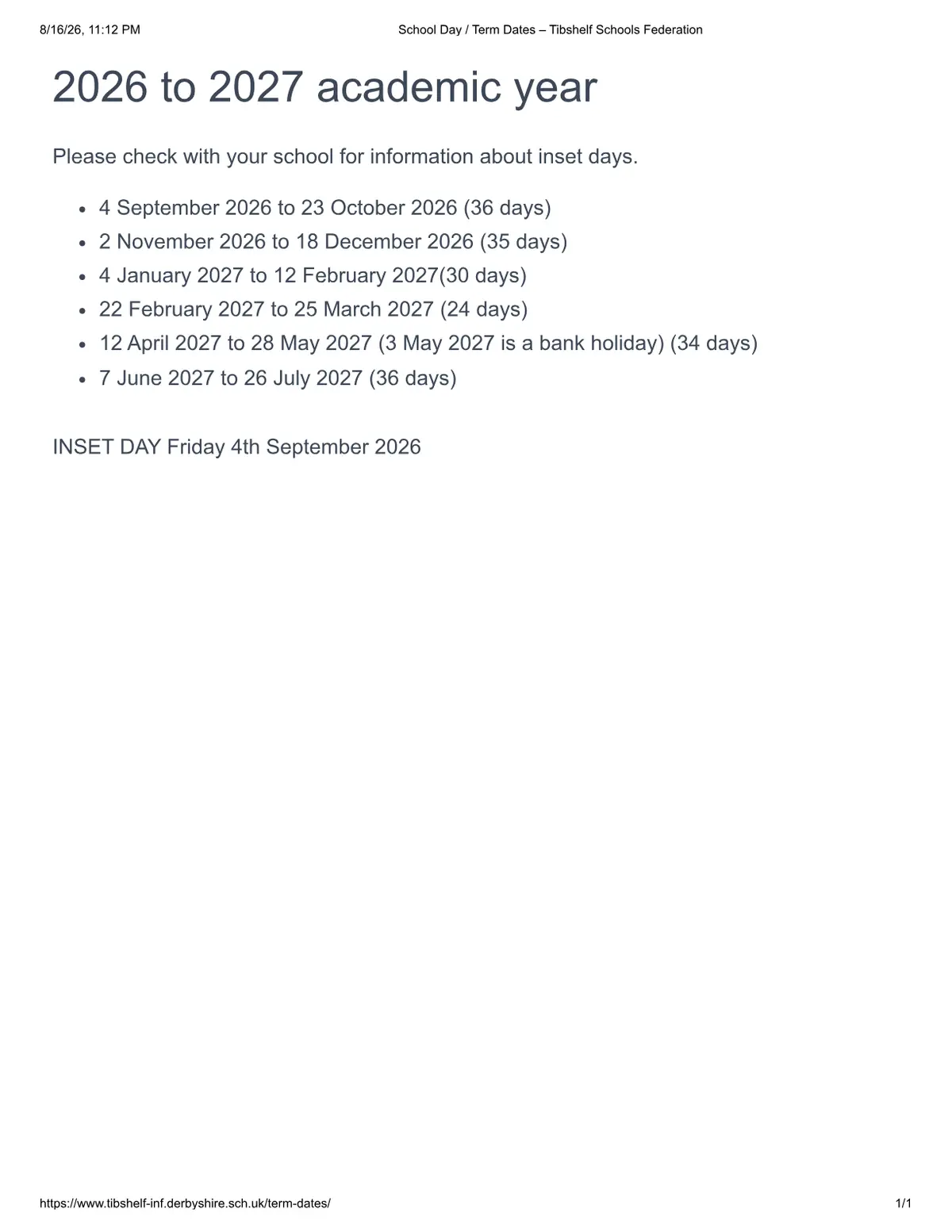 Tibshelf Infant School original calendar 2026–2027