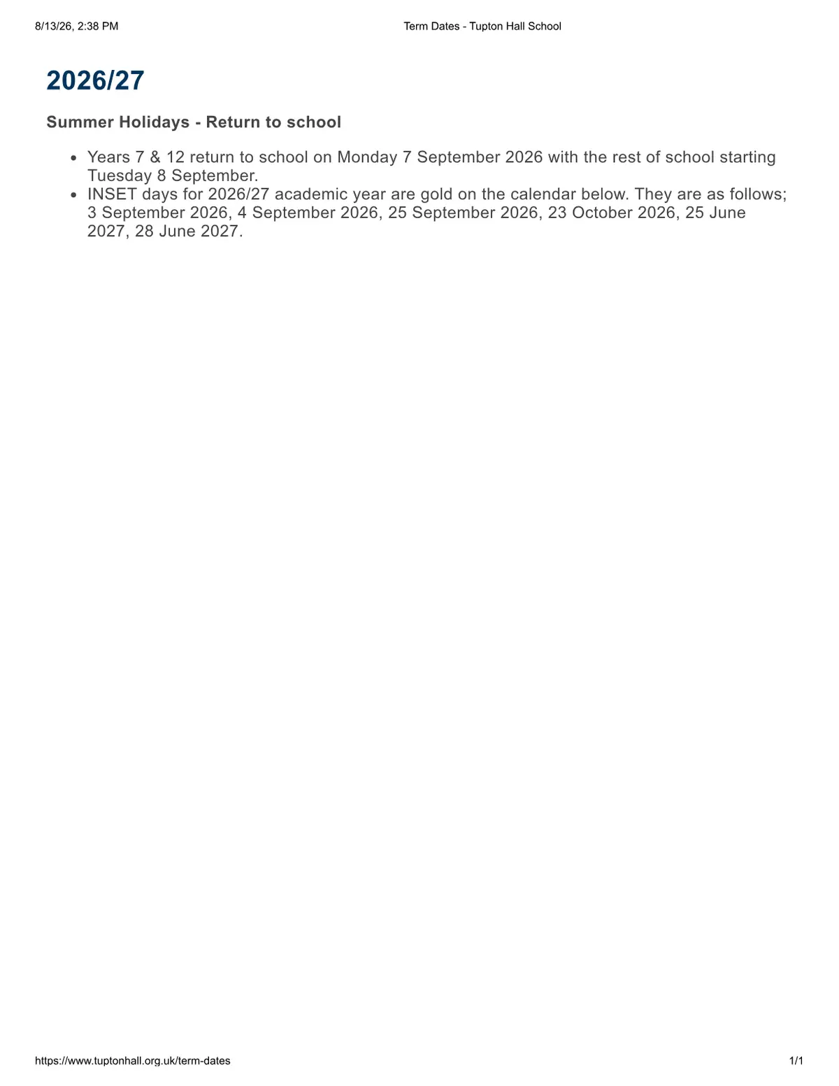 Tupton Hall School term dates