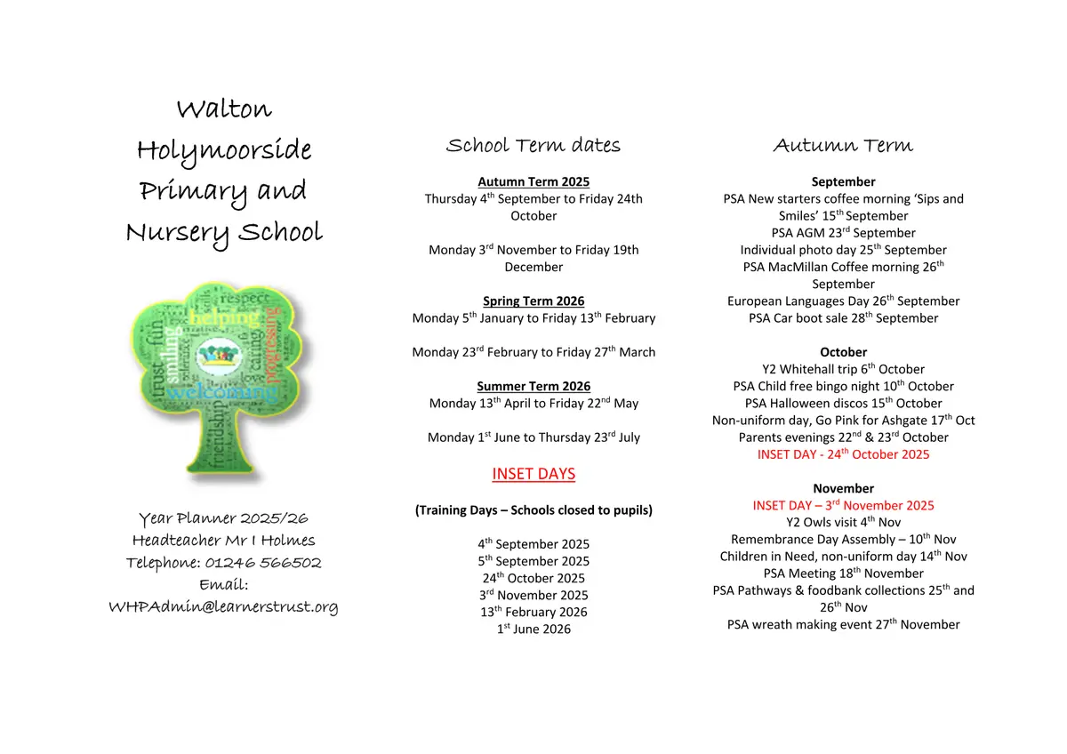Walton Holymoorside Primary School term dates