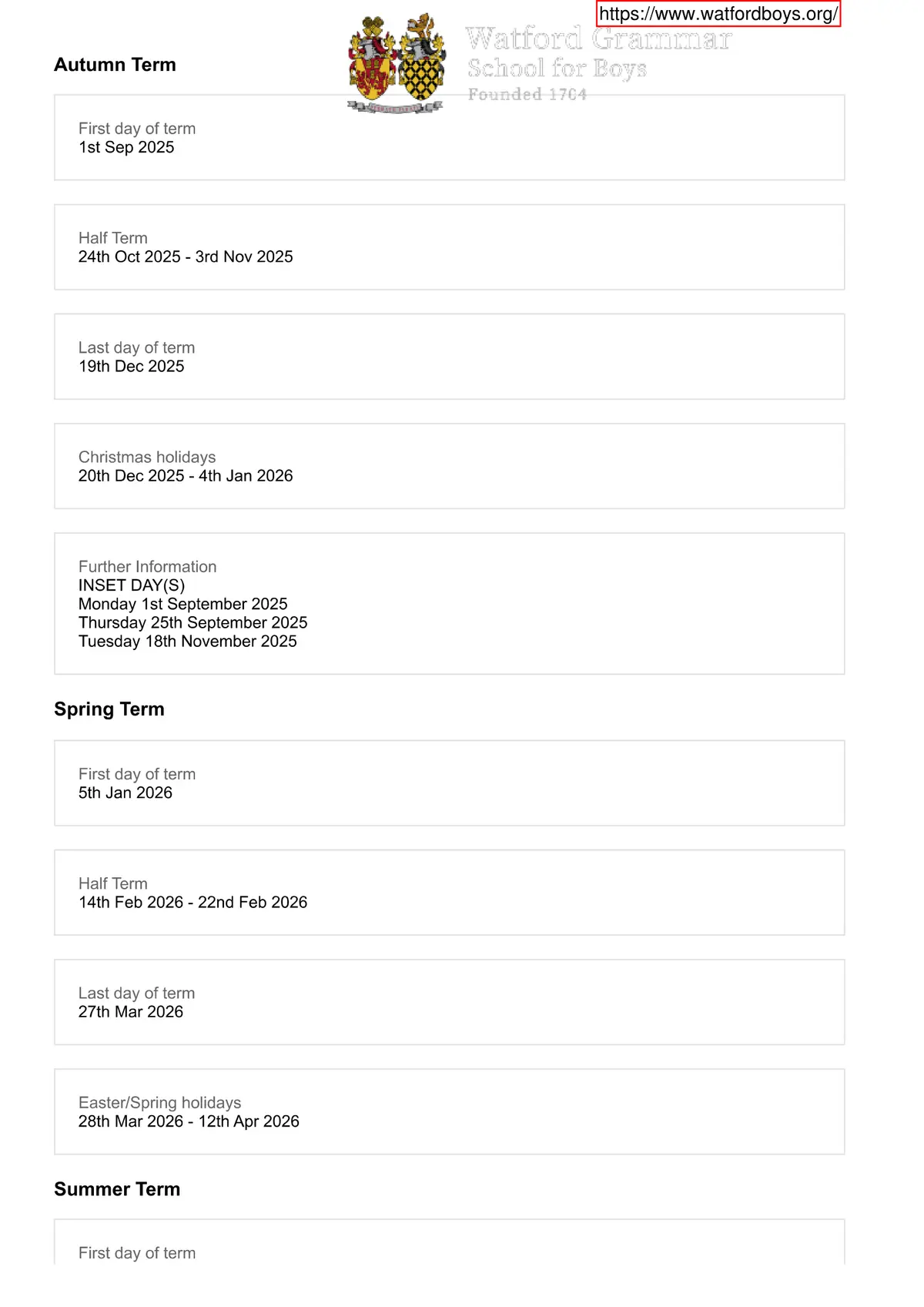 Watford Grammar School for Boys term dates