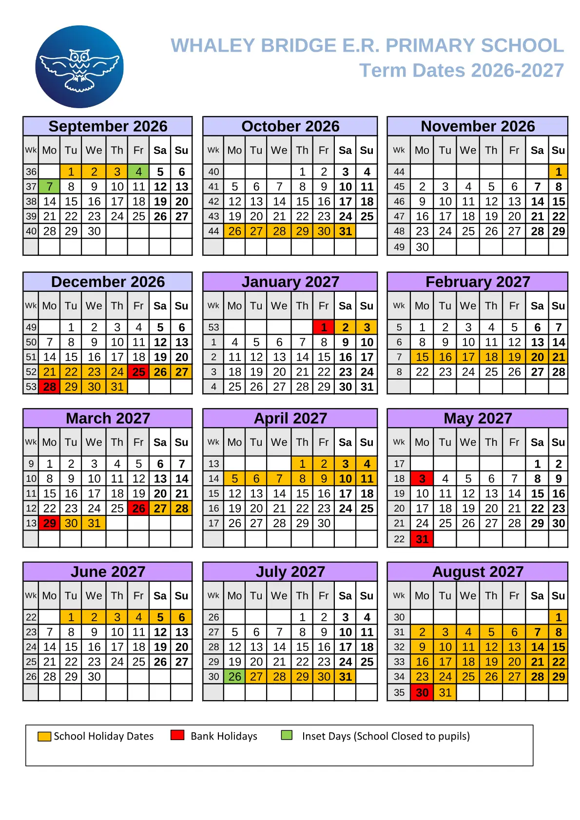 Whaley Bridge Primary School original calendar 2026–2027