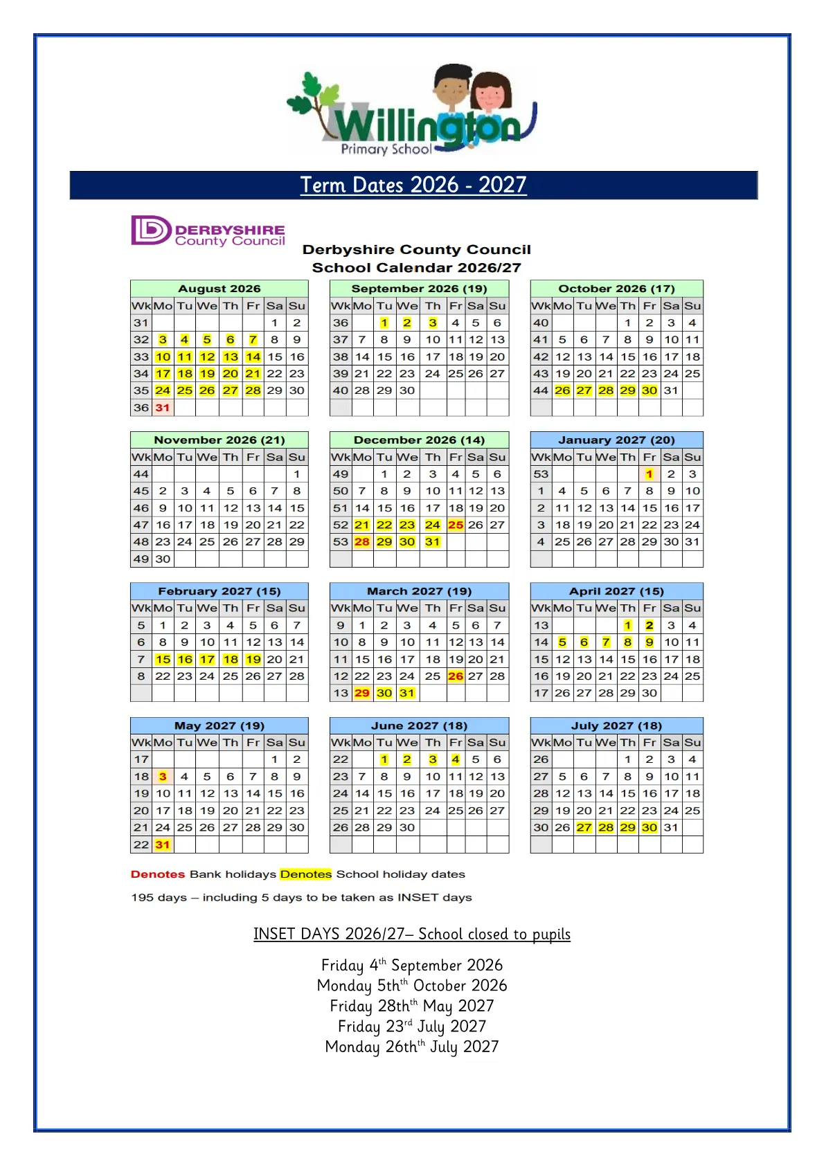 Willington Primary School original calendar 2026–2027