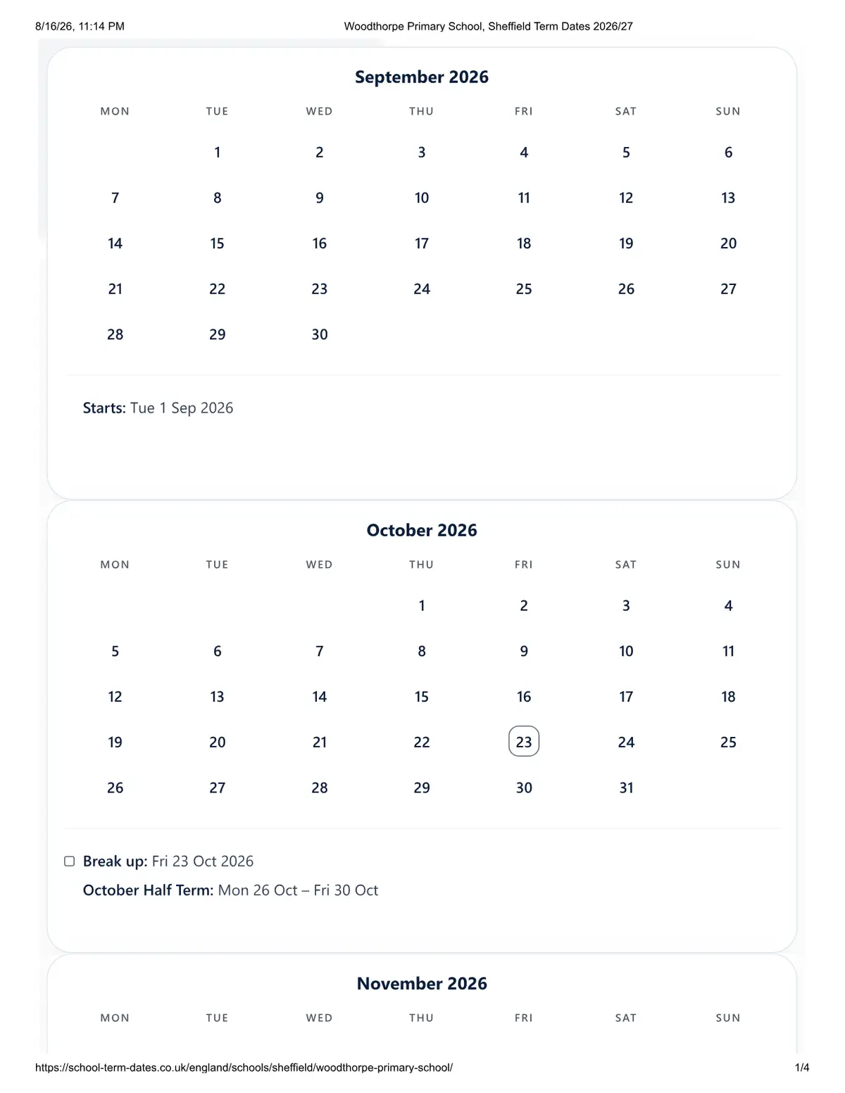 Woodthorpe CofE Primary School original calendar 2026–2027