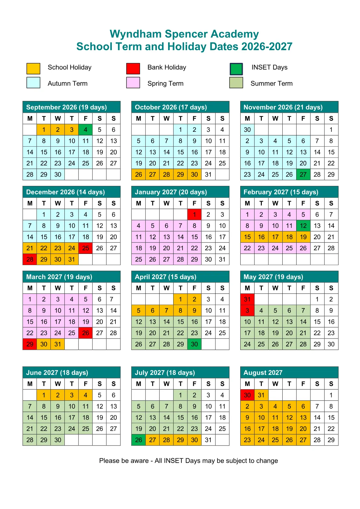 Wyndham Spencer Academy term dates