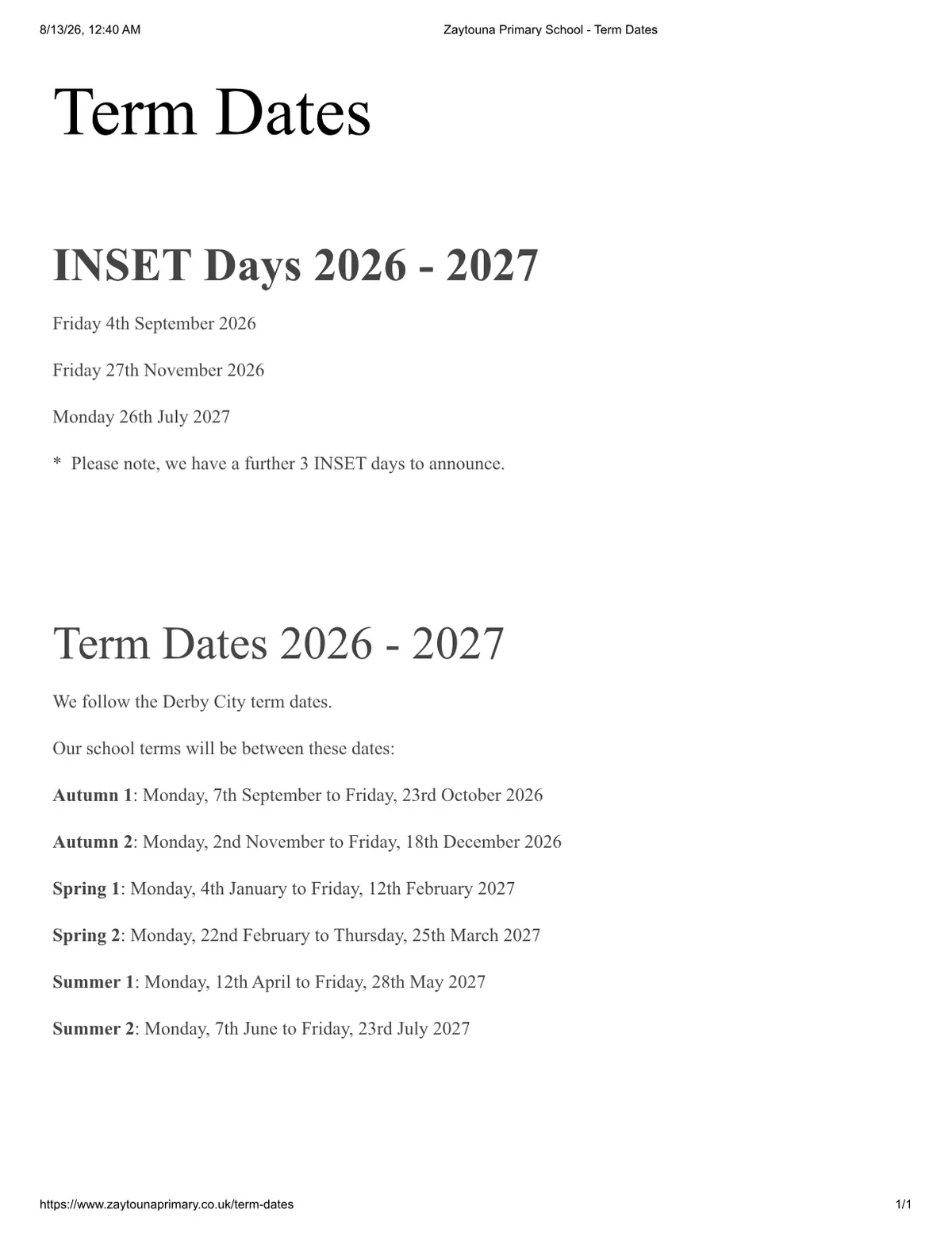 Zaytouna Primary School term dates
