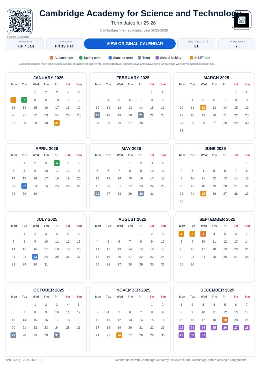 Cambridge Academy for Science and Technology interactive calendar 2025–2026