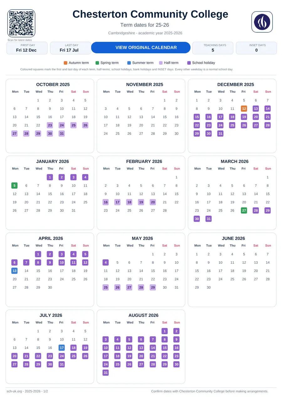 Chesterton Community College interactive calendar 2025–2026