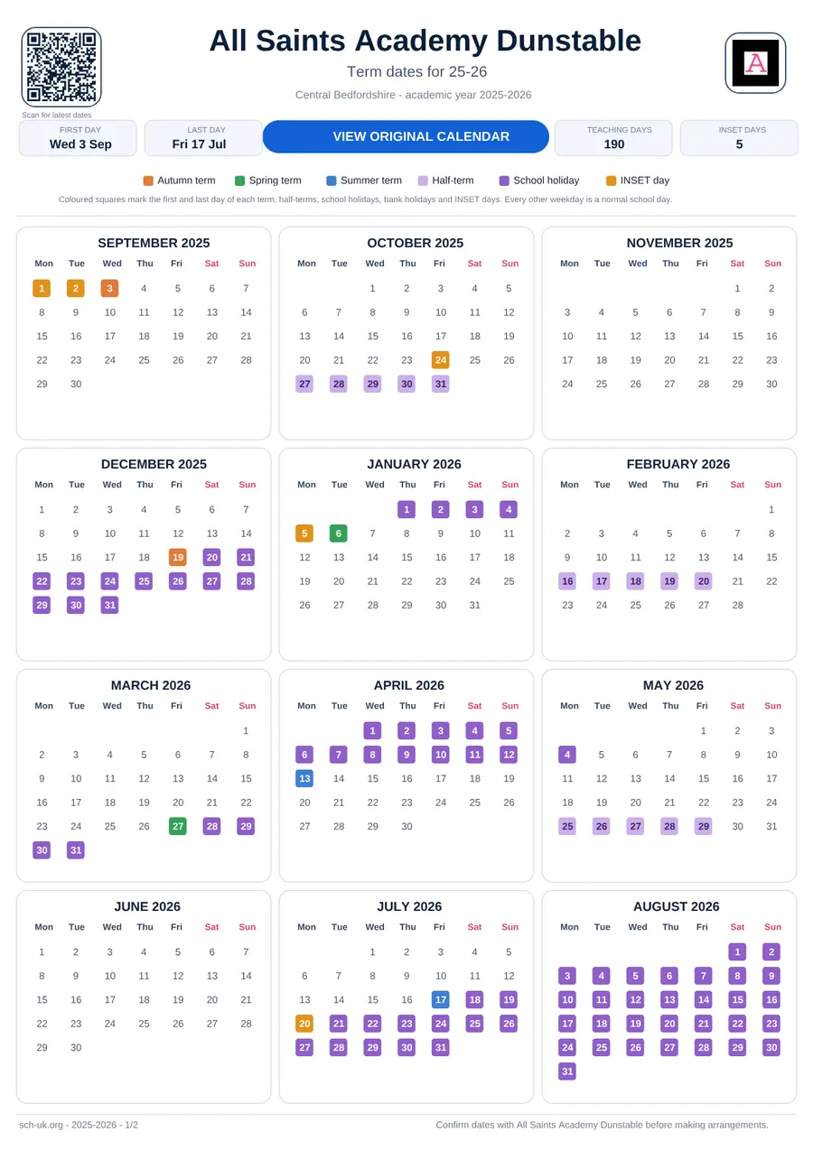 All Saints Academy Dunstable interactive calendar 2025–2026