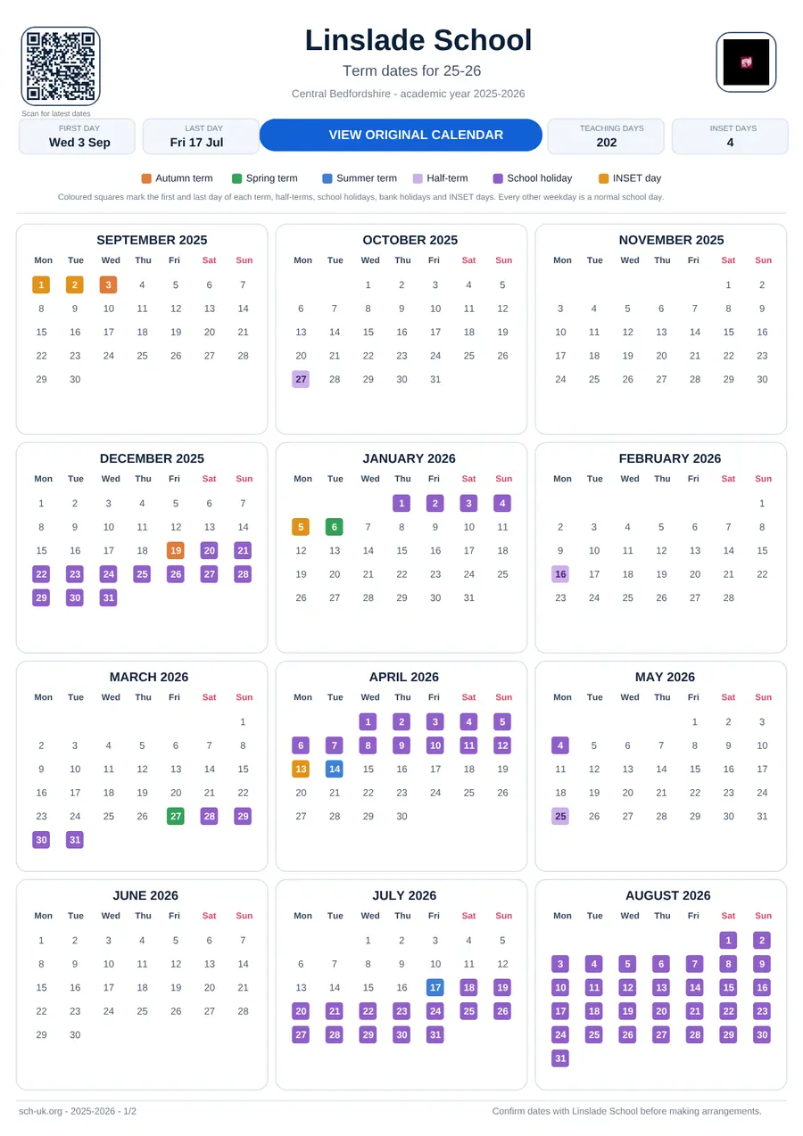 Linslade School interactive calendar 2025–2026