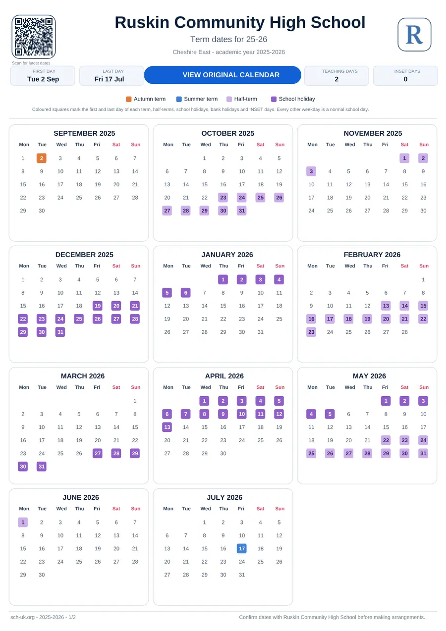 Ruskin Community High School interactive calendar 2025–2026
