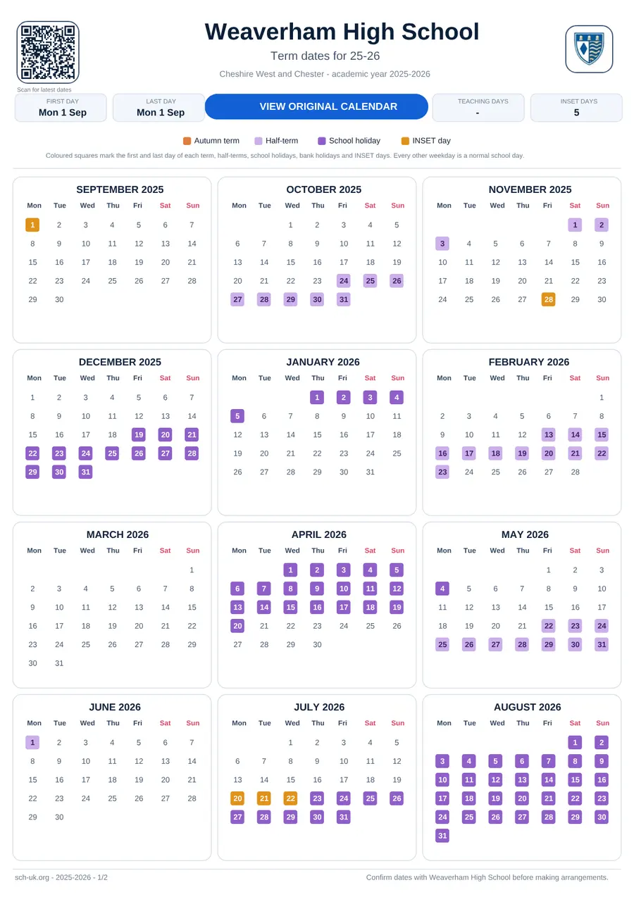 Weaverham High School interactive calendar 2025–2026
