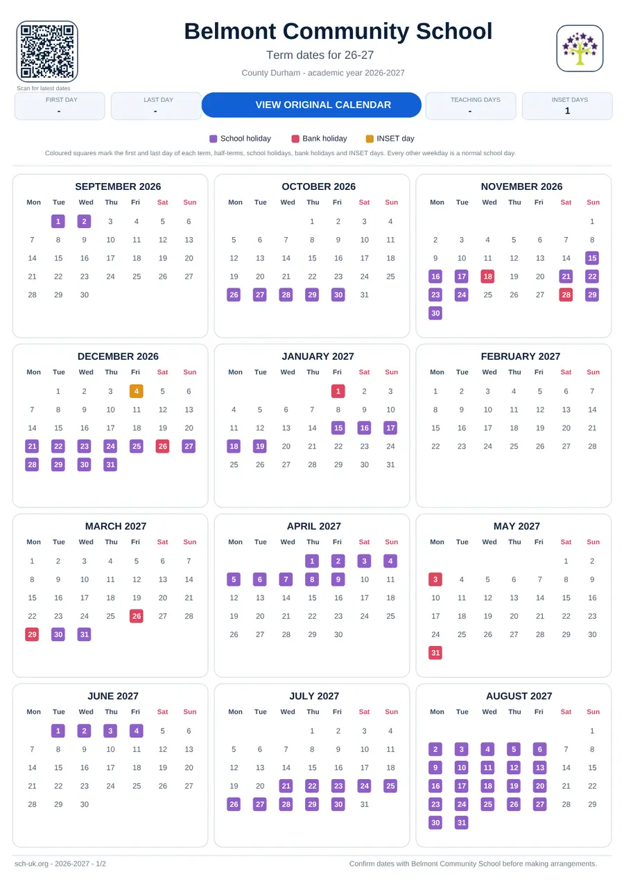 Belmont Community School term dates calendar 2026–2027