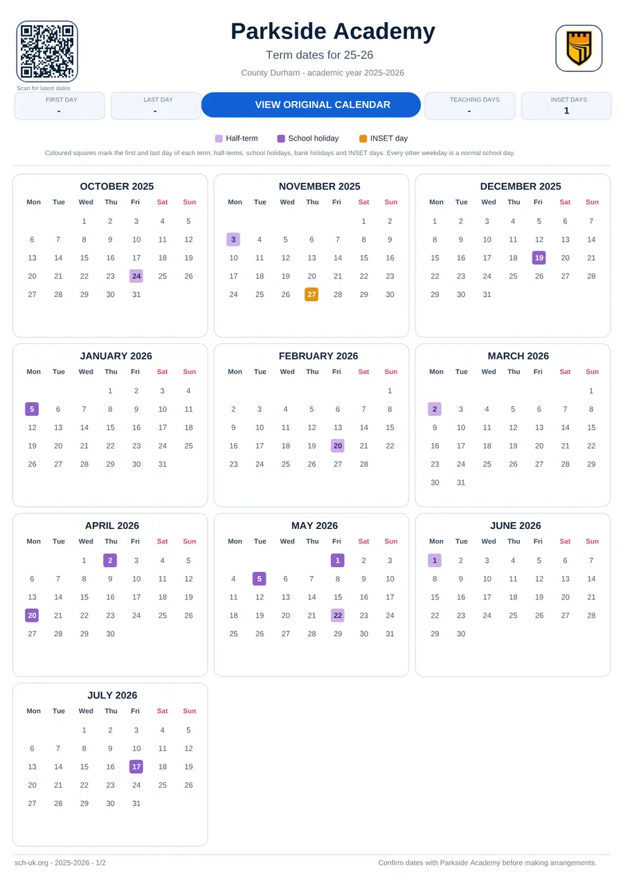 Parkside Academy interactive calendar 2025–2026