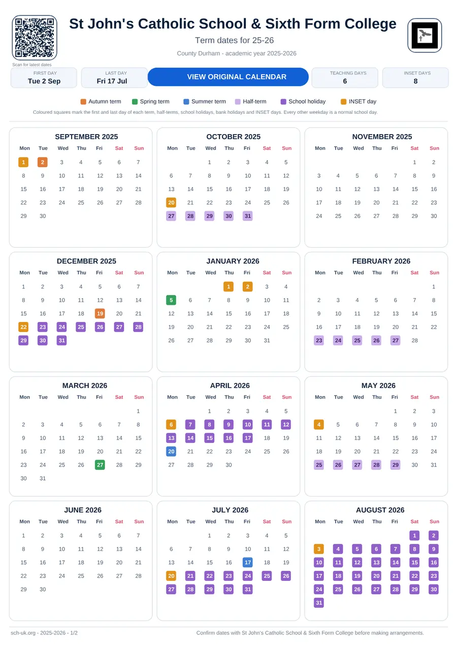 St John's Catholic School & Sixth Form College interactive calendar 2025–2026