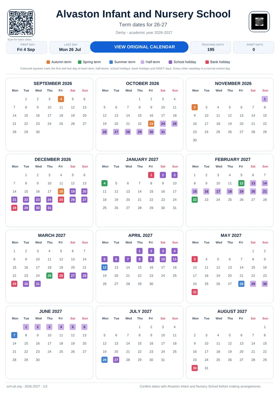 Alvaston Infant and Nursery School interactive calendar 2026–2027