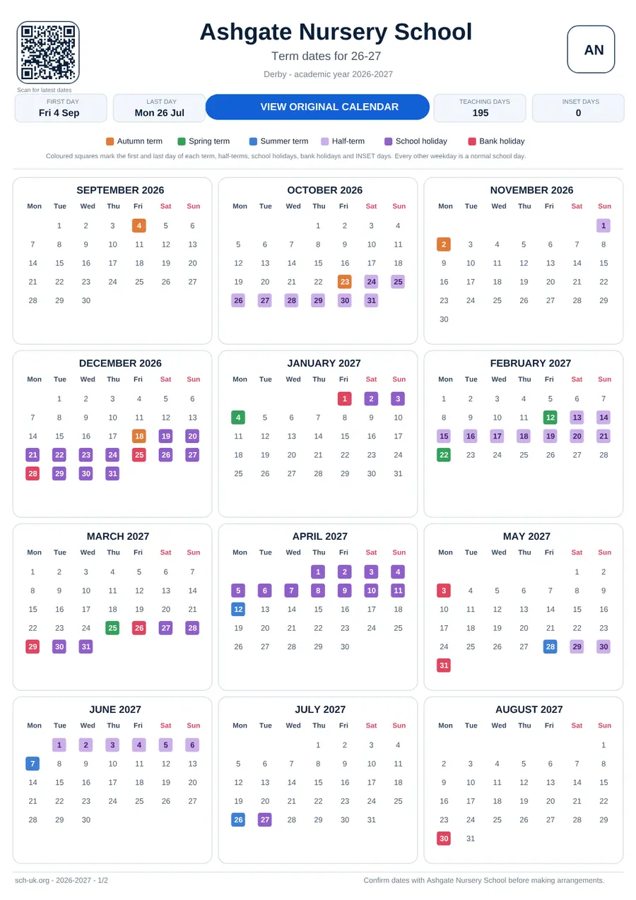 Ashgate Nursery School interactive calendar 2026–2027