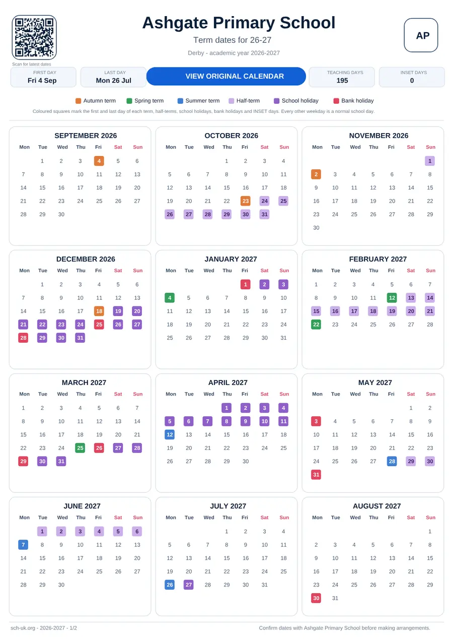 Ashgate Primary School interactive calendar 2026–2027
