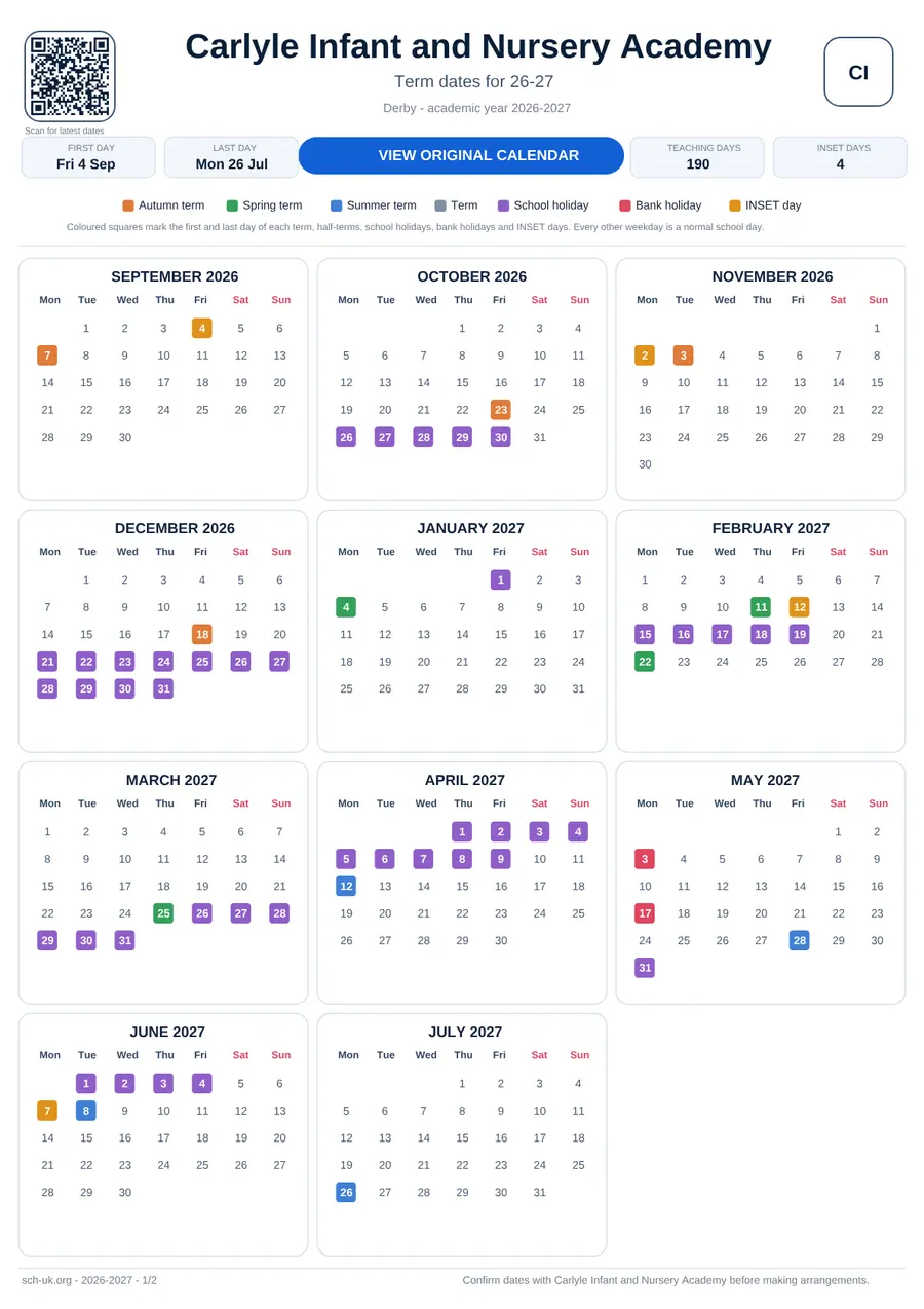 Carlyle Infant and Nursery Academy interactive calendar 2026–2027