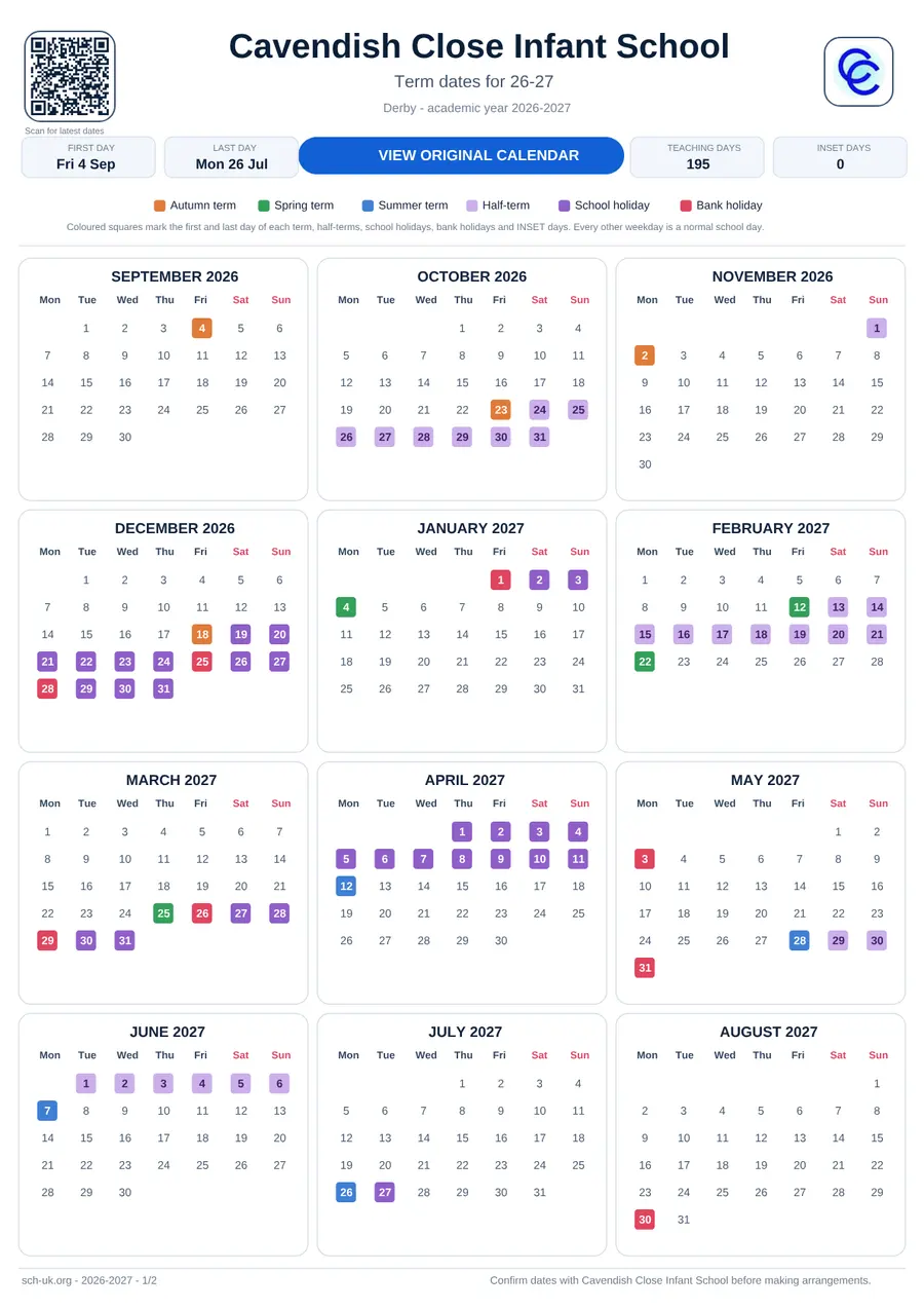 Cavendish Close Infant School interactive calendar 2026–2027