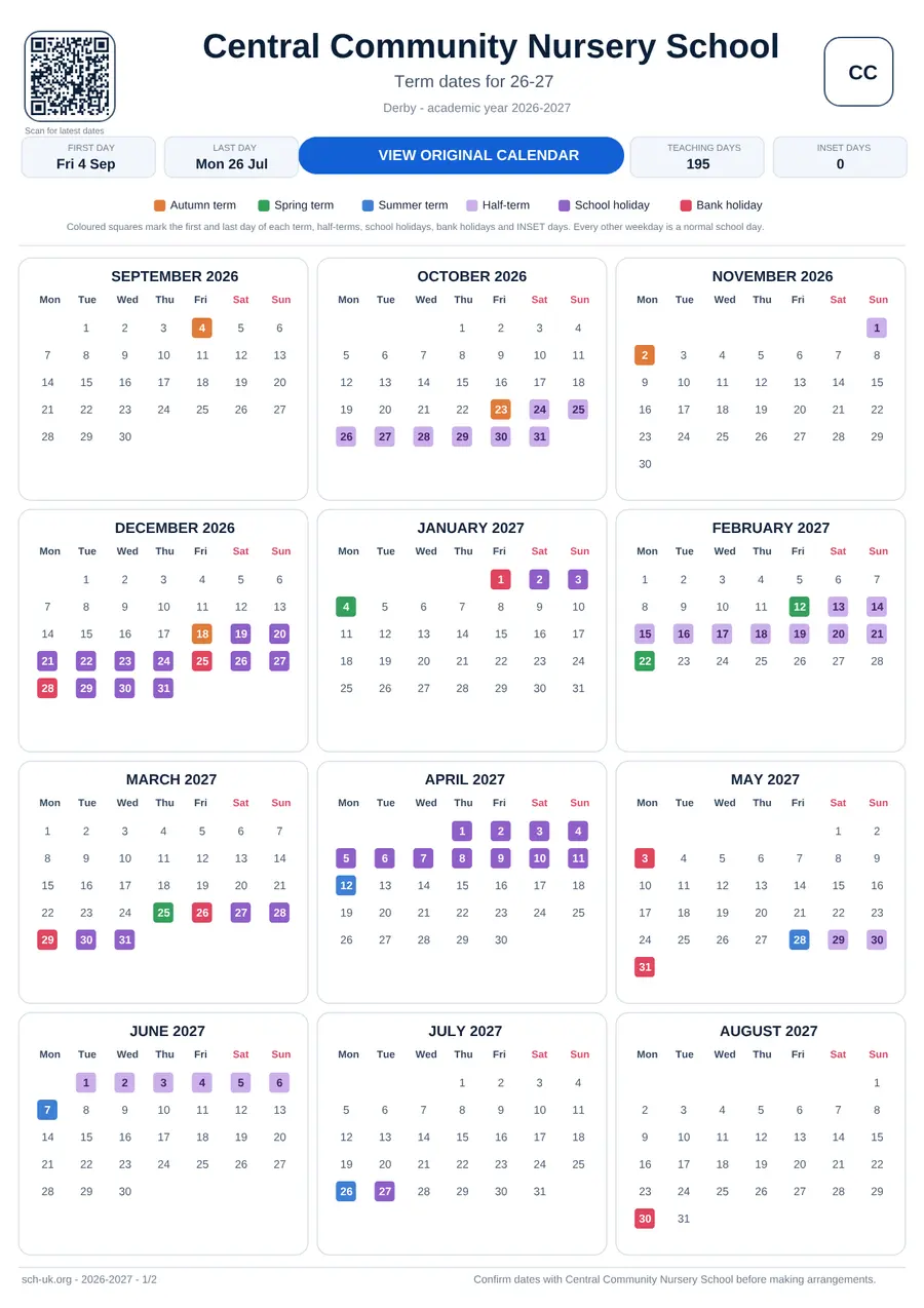 Central Community Nursery School interactive calendar 2026–2027