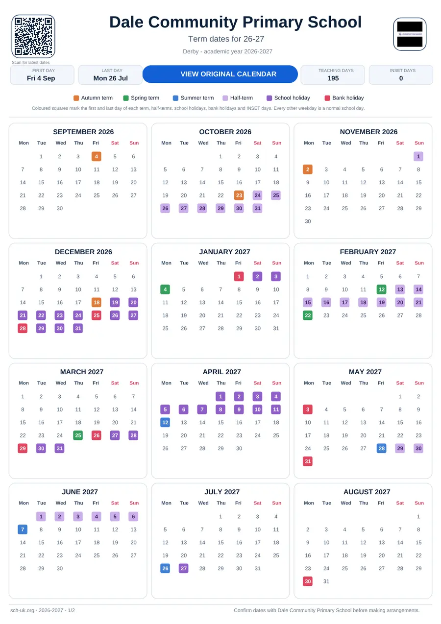 Dale Community Primary School interactive calendar 2026–2027