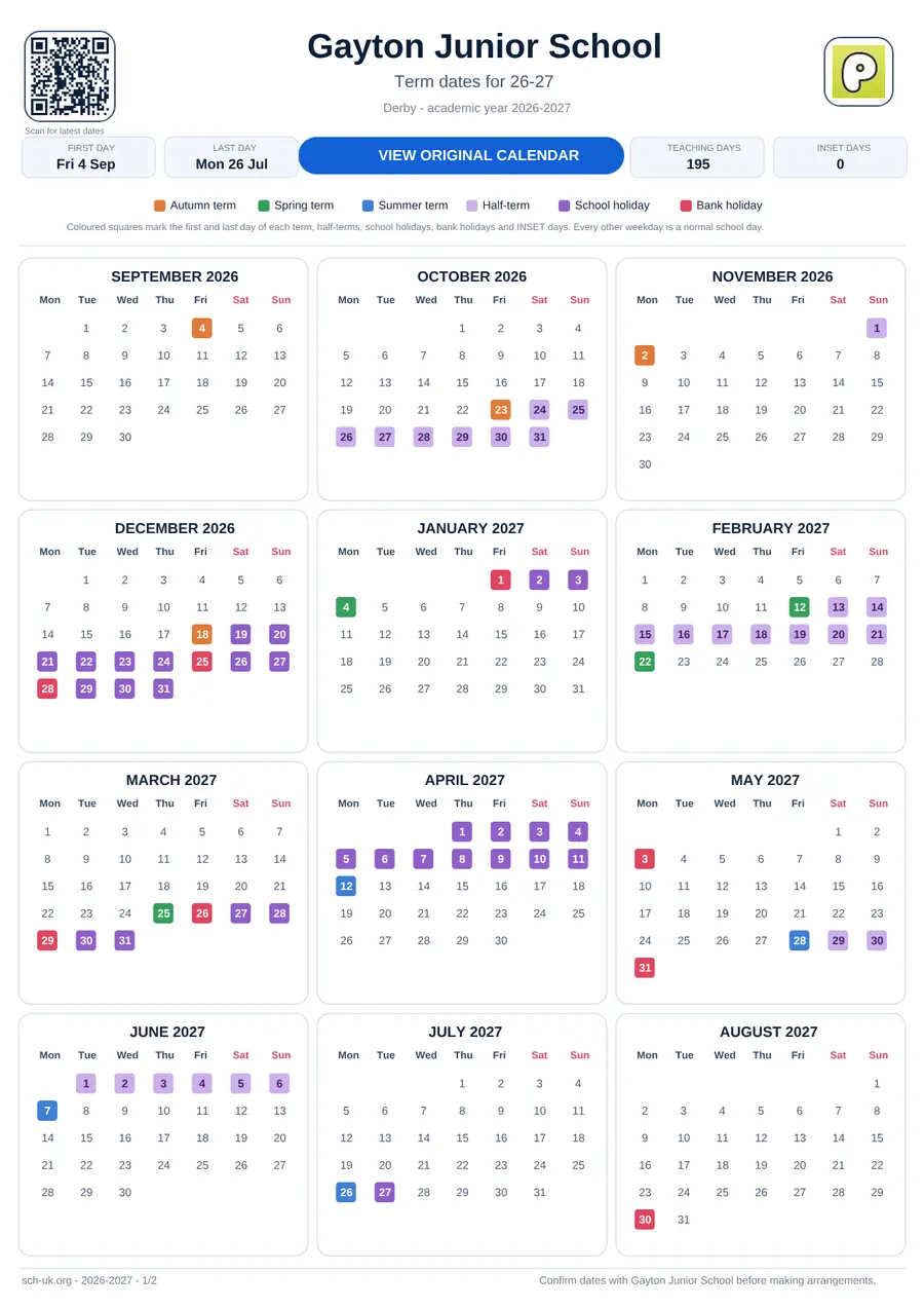 Gayton Junior School interactive calendar 2026–2027