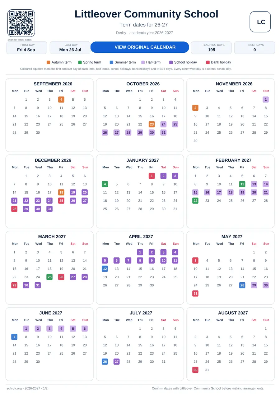 Littleover Community School interactive calendar 2026–2027