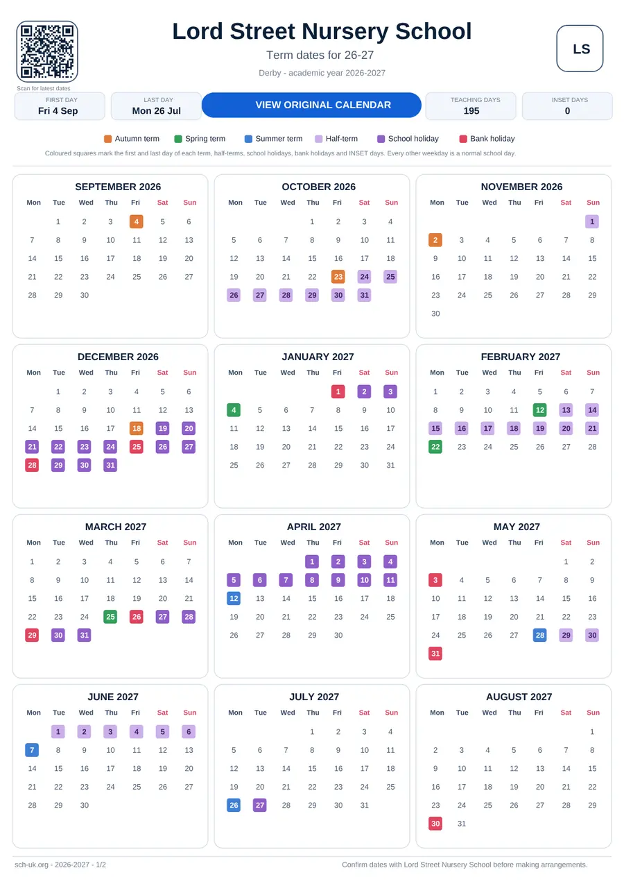 Lord Street Nursery School interactive calendar 2026–2027