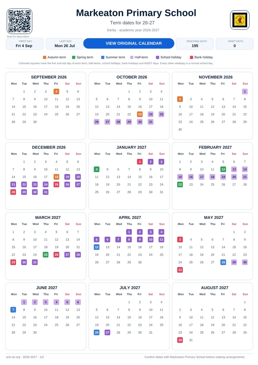 Markeaton Primary School interactive calendar 2026–2027