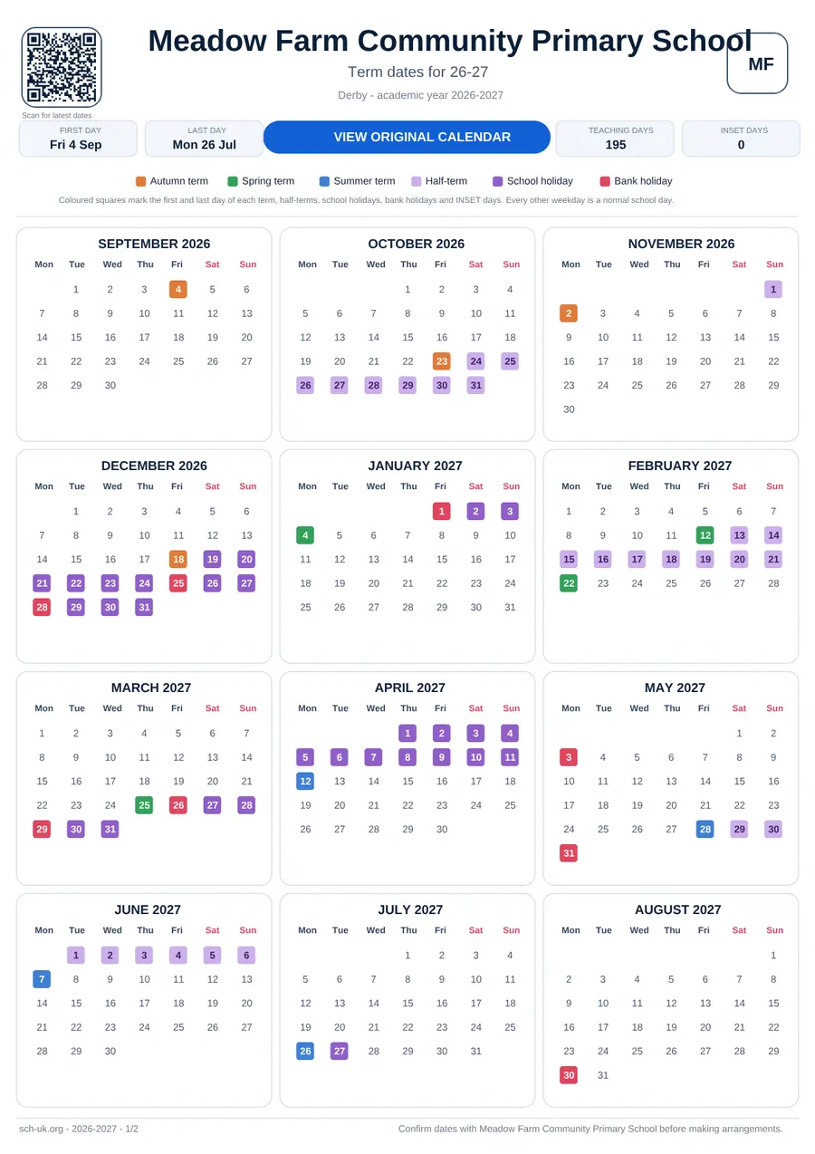Meadow Farm Community Primary School interactive calendar 2026–2027