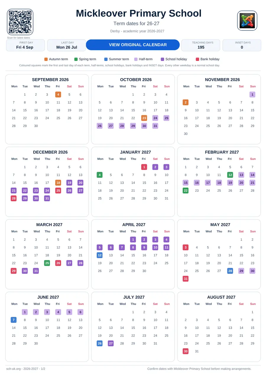 Mickleover Primary School interactive calendar 2026–2027